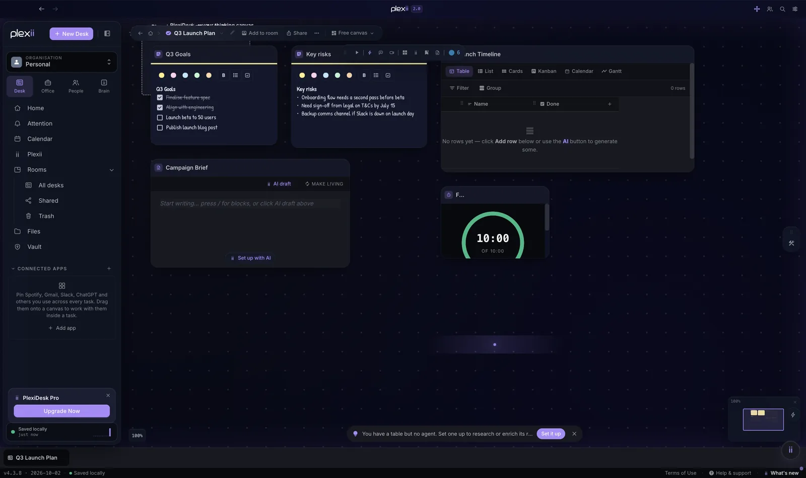 A PlexiDesk desk: sticky checklists, a table with six views, a campaign brief with AI draft and a focus timer, side by side